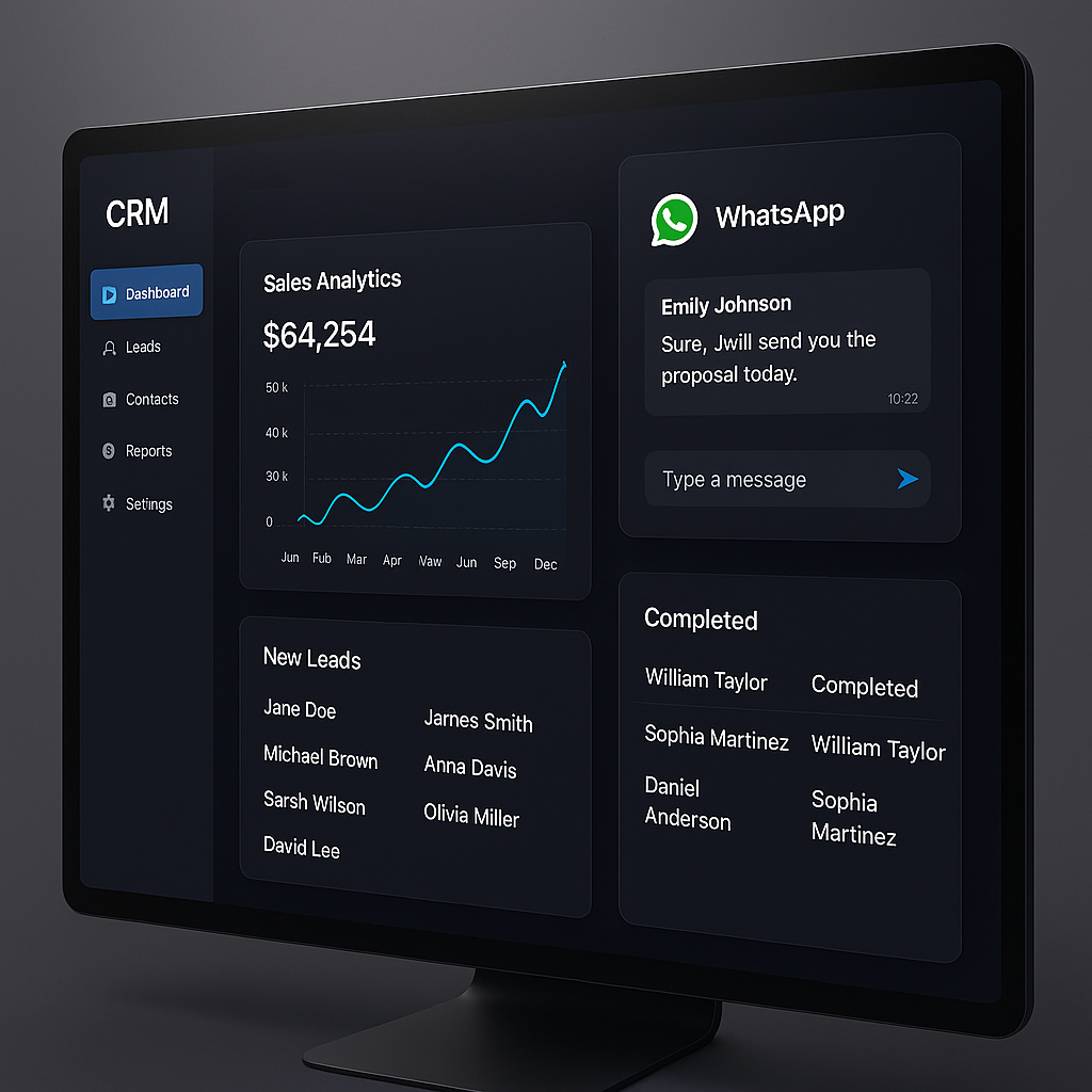 Dashboard da plataforma Conecta Flow mostrando integração com WhatsApp e análise de vendas.