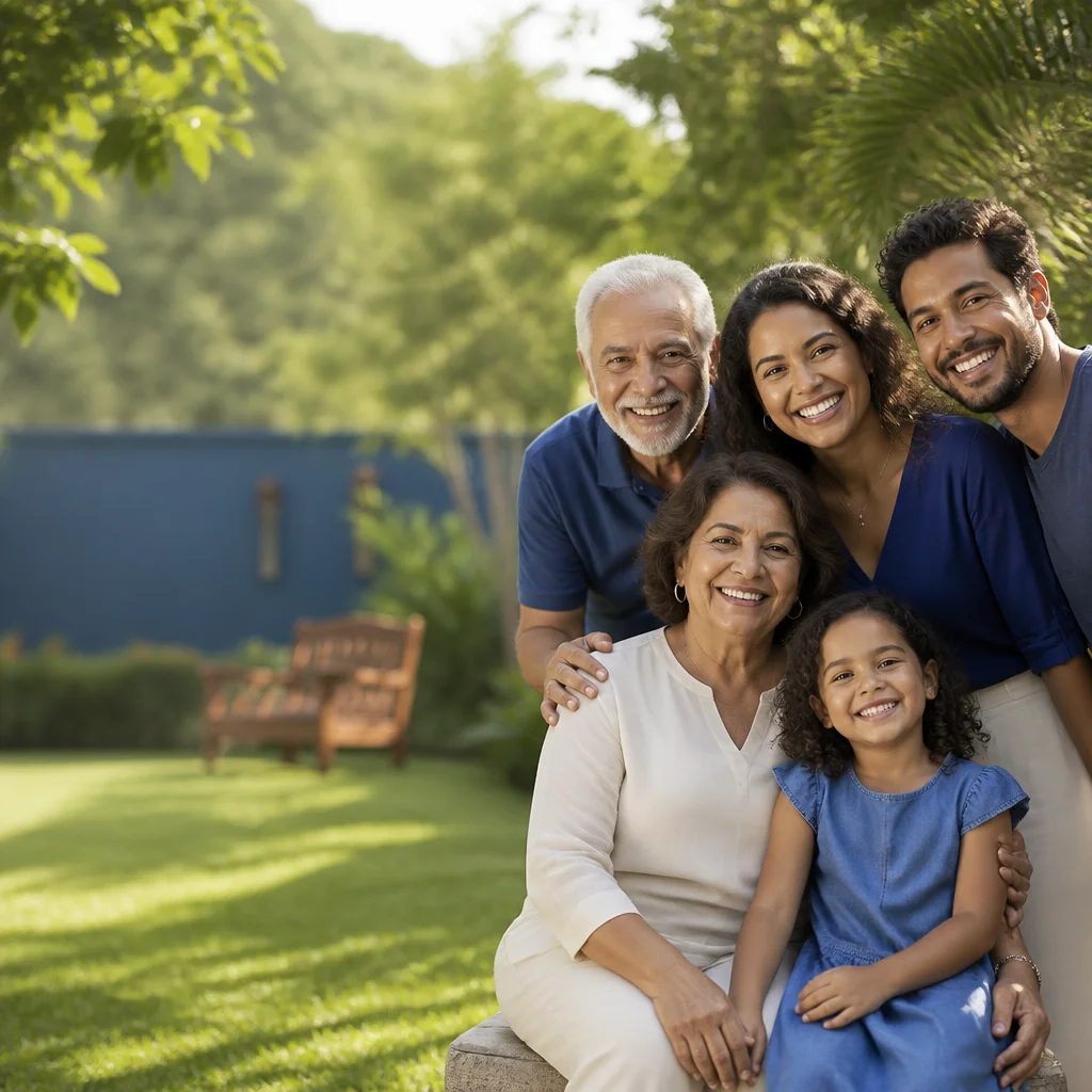 Família de diferentes gerações reunida em um momento de tranquilidade ao ar livre