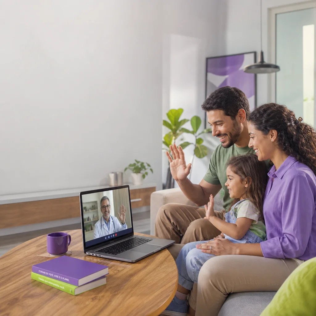 Família em consulta de telemedicina com médica por videochamada